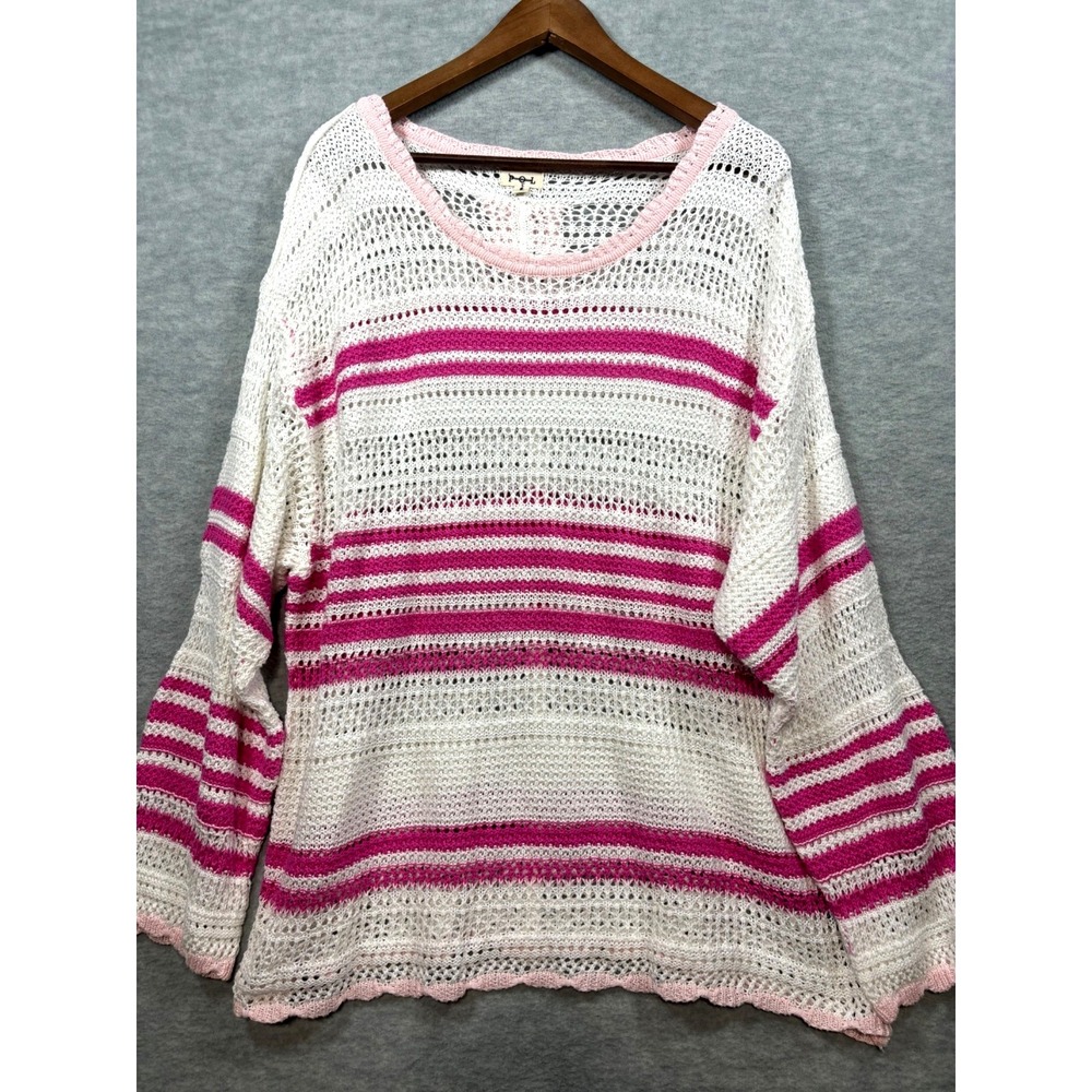 POL Womens Striped Sweater‎ Pink White Sz M Open Knit Beachy